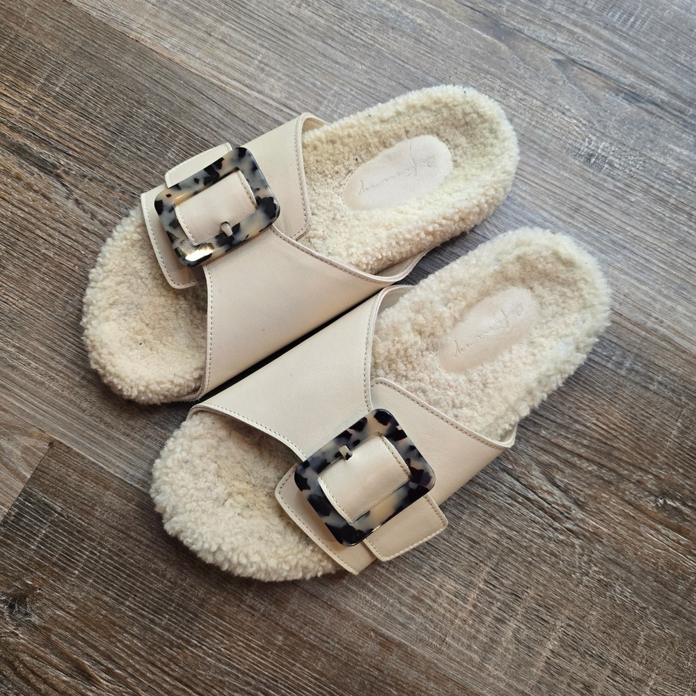 Definery Cream Leather Shearling Lined‎ Slide Sandals Tortoise Buckle Italy 38